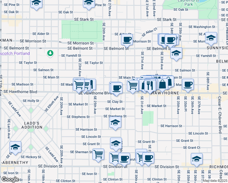 map of restaurants, bars, coffee shops, grocery stores, and more near 2800 Southeast Hawthorne Boulevard in Portland