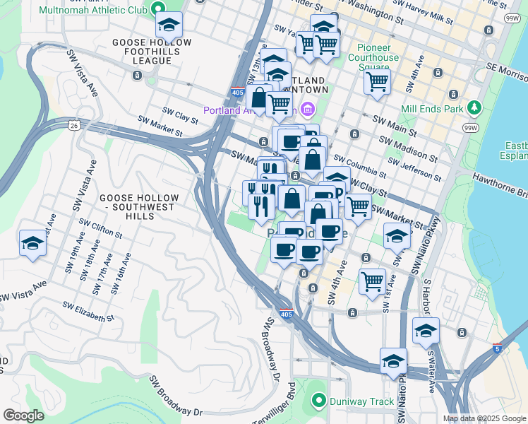 map of restaurants, bars, coffee shops, grocery stores, and more near 951 Southwest Hall Street in Portland