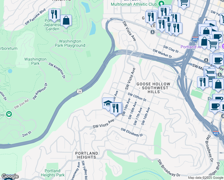 map of restaurants, bars, coffee shops, grocery stores, and more near 2122 Southwest Myrtle Street in Portland