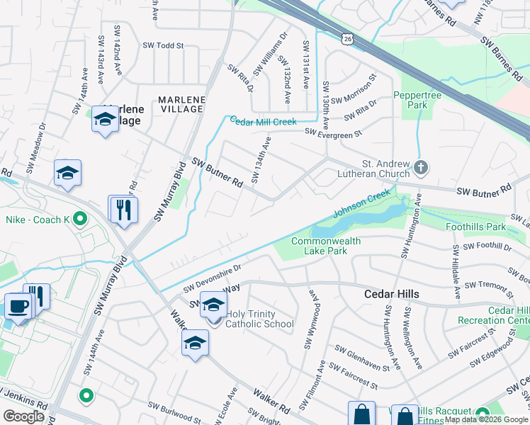 map of restaurants, bars, coffee shops, grocery stores, and more near 13284 Southwest Commonwealth Lane in Beaverton