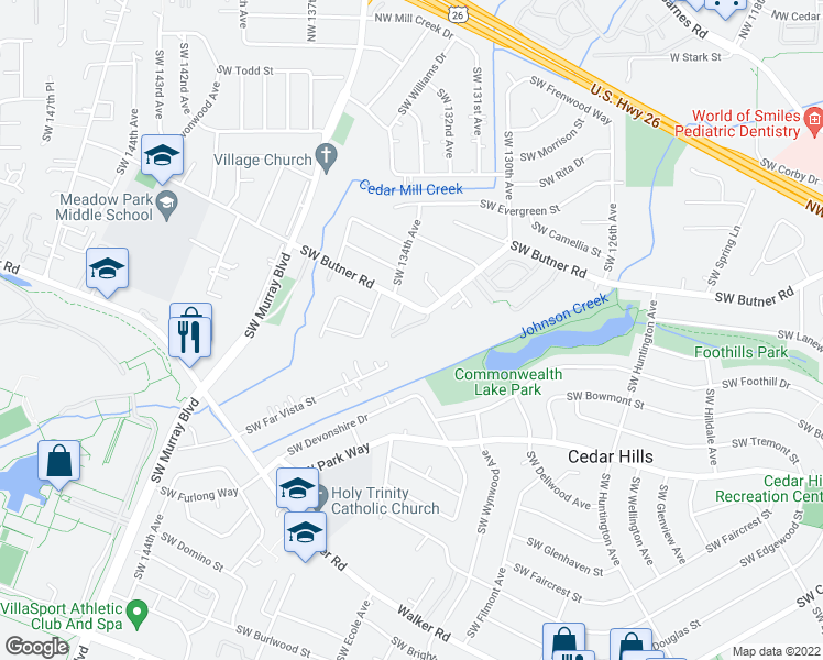 map of restaurants, bars, coffee shops, grocery stores, and more near 13284 Southwest Commonwealth Lane in Beaverton