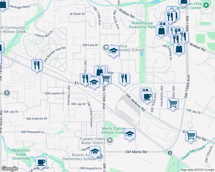 map of restaurants, bars, coffee shops, grocery stores, and more near 1010 Southwest 170th Avenue in Beaverton