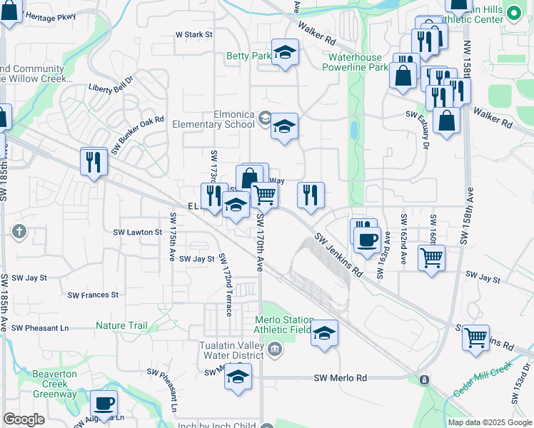 map of restaurants, bars, coffee shops, grocery stores, and more near 1010 Southwest 170th Avenue in Beaverton