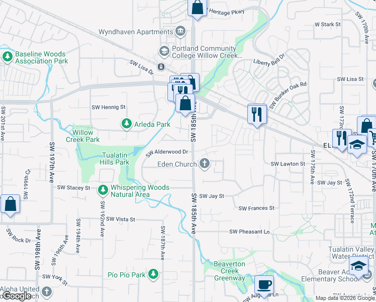 map of restaurants, bars, coffee shops, grocery stores, and more near 18535 Southwest Longacre Street in Aloha
