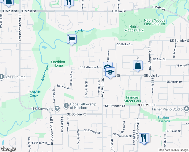 map of restaurants, bars, coffee shops, grocery stores, and more near 1123 Southeast 58th Avenue in Hillsboro