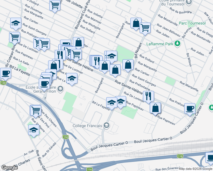 map of restaurants, bars, coffee shops, grocery stores, and more near 2230 Rue De Lorimier in Longueuil