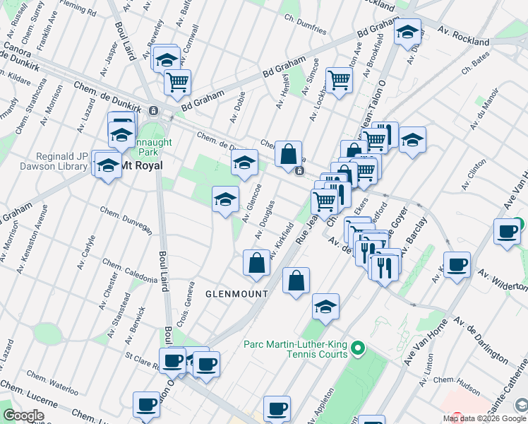 map of restaurants, bars, coffee shops, grocery stores, and more near 2901 Avenue Douglas in Montréal