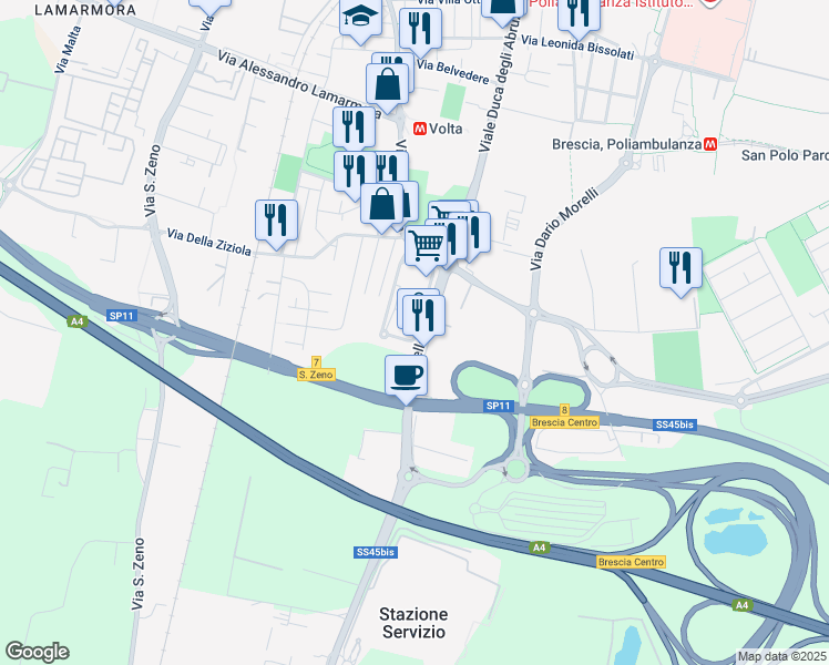 map of restaurants, bars, coffee shops, grocery stores, and more near 84D Via della Volta in Brescia