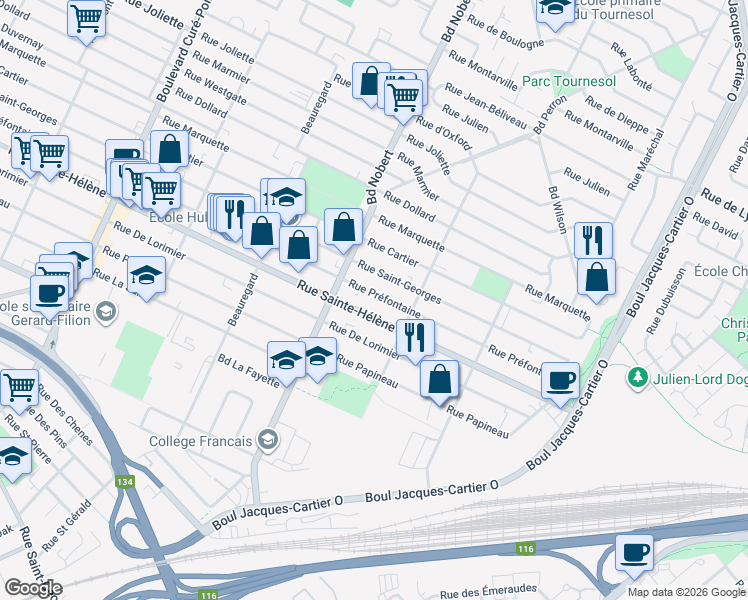 map of restaurants, bars, coffee shops, grocery stores, and more near 2412 Rue Préfontaine in Longueuil