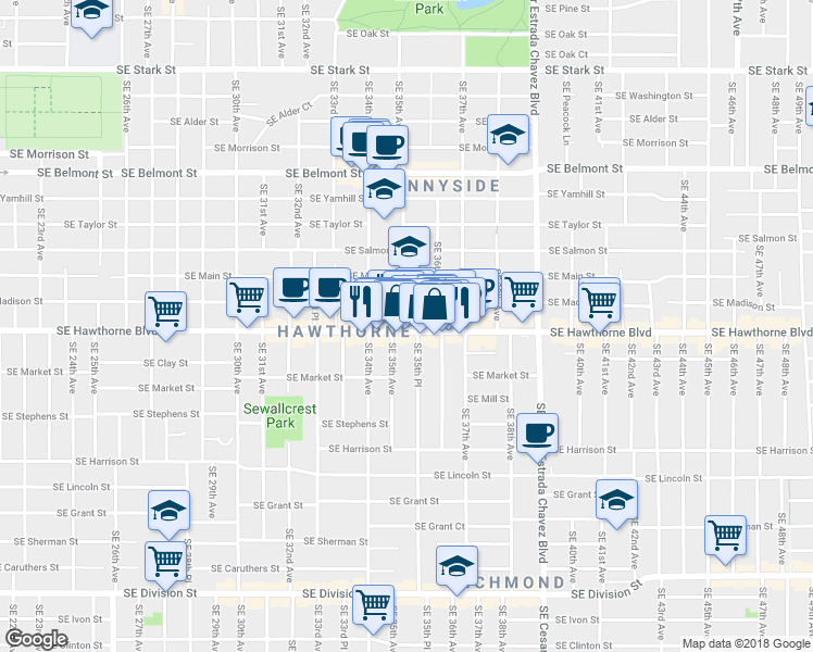 map of restaurants, bars, coffee shops, grocery stores, and more near 3525 Southeast Hawthorne Boulevard in Portland