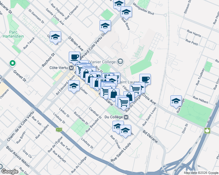 map of restaurants, bars, coffee shops, grocery stores, and more near 1402 Rue de l'Église in Montréal