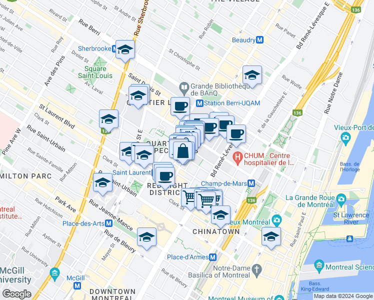 map of restaurants, bars, coffee shops, grocery stores, and more near 1406 Rue Sainte-Élisabeth in Montréal