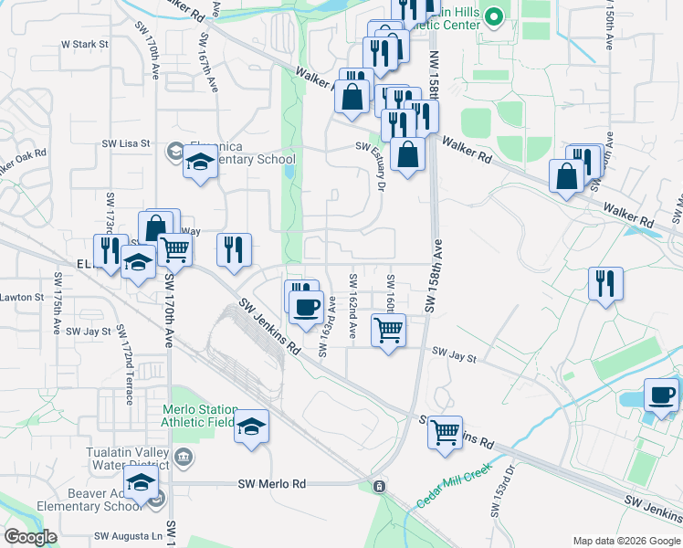 map of restaurants, bars, coffee shops, grocery stores, and more near 16250 Southwest Mason Lane in Beaverton