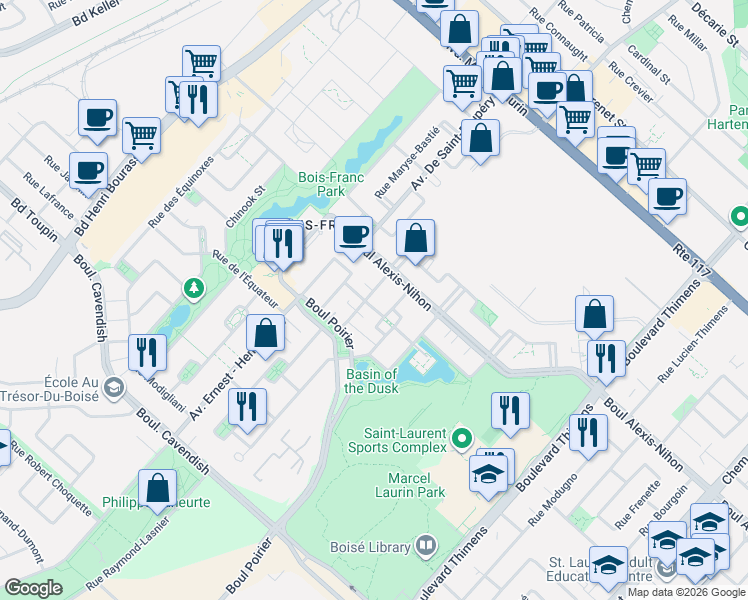 map of restaurants, bars, coffee shops, grocery stores, and more near 2380 Rue Charles-Darwin in Montréal