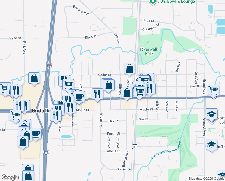 map of restaurants, bars, coffee shops, grocery stores, and more near 6162 Main Street in North Branch