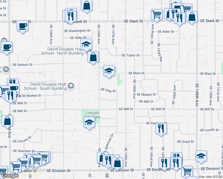 map of restaurants, bars, coffee shops, grocery stores, and more near 13639 Southeast Clay Street in Portland
