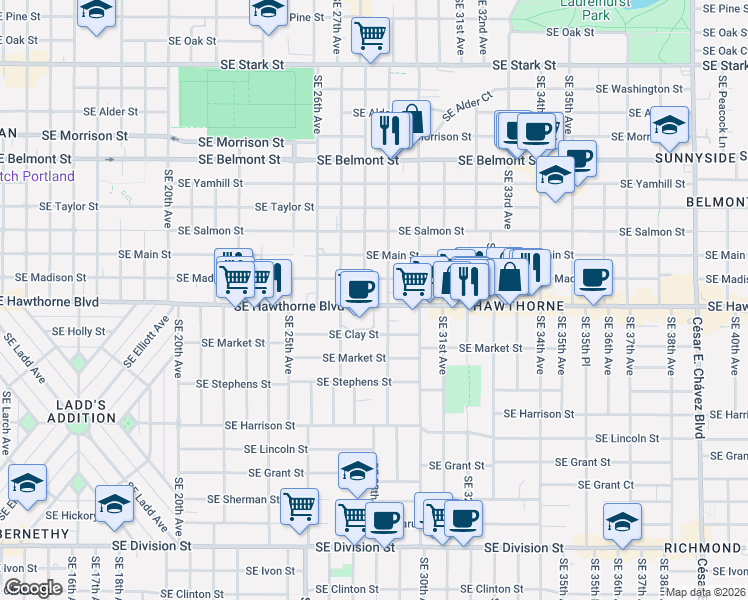 map of restaurants, bars, coffee shops, grocery stores, and more near 2813 Southeast Hawthorne Boulevard in Portland