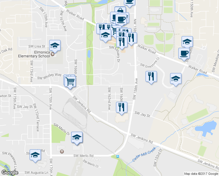 map of restaurants, bars, coffee shops, grocery stores, and more near 1015 Southwest 162nd Avenue in Beaverton