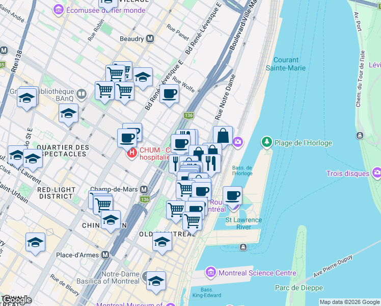 map of restaurants, bars, coffee shops, grocery stores, and more near 700 Rue Saint-Hubert in Montréal