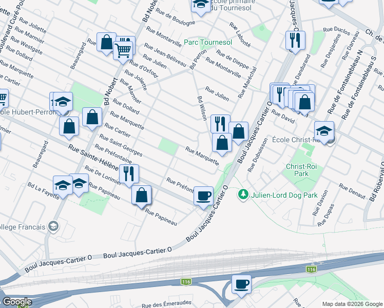 map of restaurants, bars, coffee shops, grocery stores, and more near 2648 Rue Marquette in Longueuil