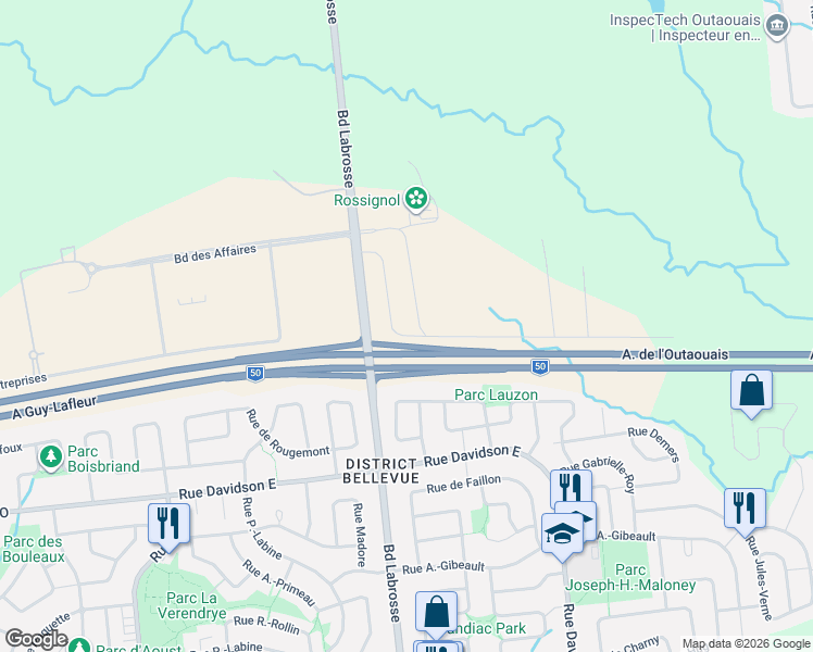 map of restaurants, bars, coffee shops, grocery stores, and more near 445 Boulevard des Affaires in Gatineau
