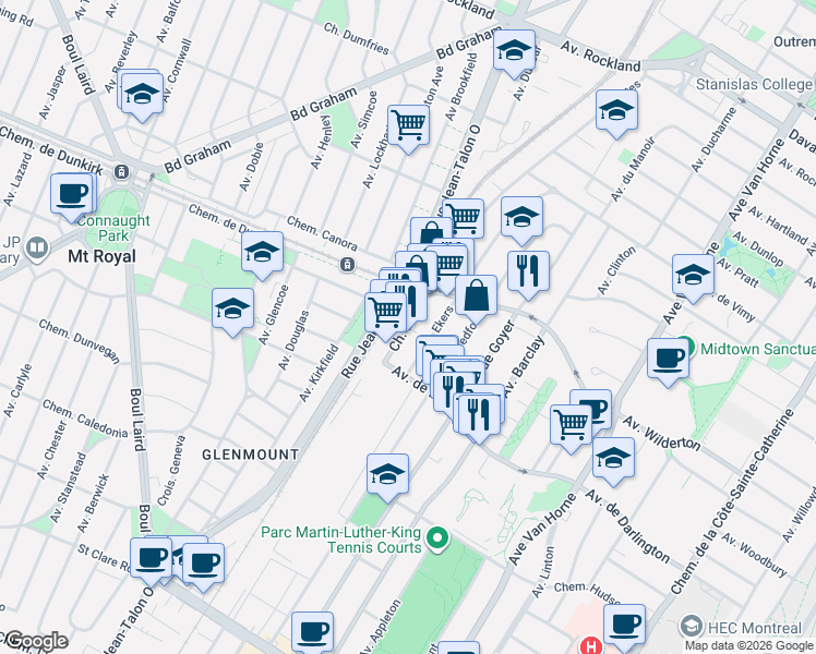 map of restaurants, bars, coffee shops, grocery stores, and more near 2805 Chemin Bates in Montréal