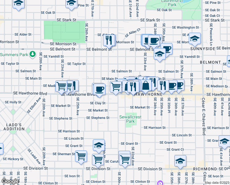 map of restaurants, bars, coffee shops, grocery stores, and more near 2939 Southeast Hawthorne Boulevard in Portland