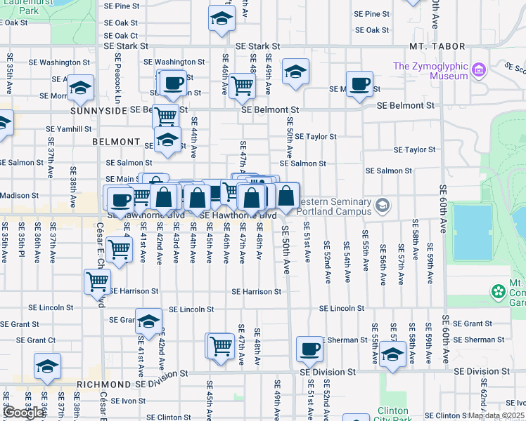 map of restaurants, bars, coffee shops, grocery stores, and more near 4801-4807 Southeast Hawthorne Boulevard in Portland