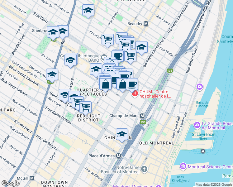map of restaurants, bars, coffee shops, grocery stores, and more near 330 Rue Christin in Montreal