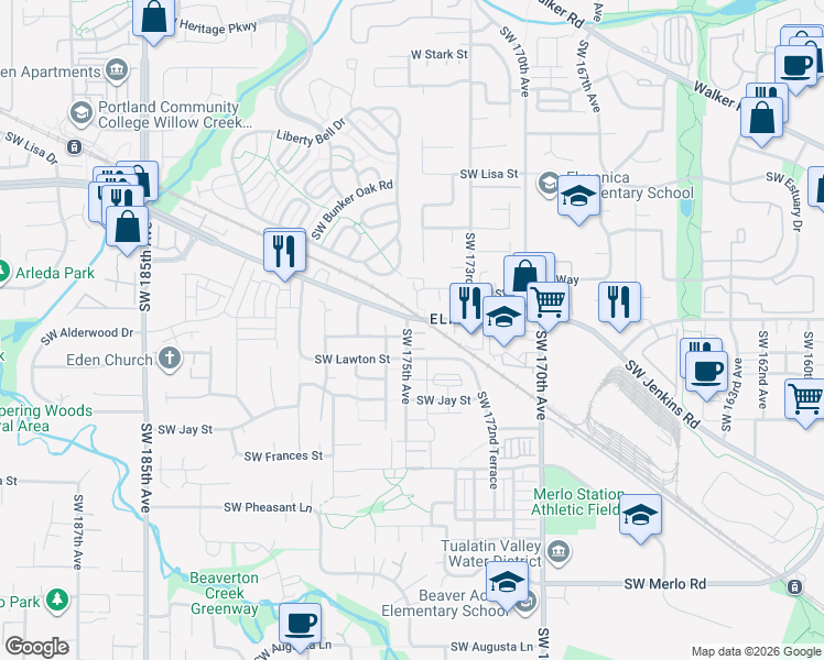 map of restaurants, bars, coffee shops, grocery stores, and more near 947 Southwest 175th Terrace in Beaverton