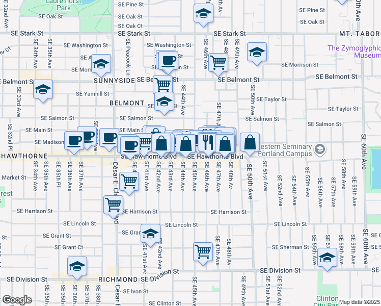 map of restaurants, bars, coffee shops, grocery stores, and more near 1338 Southeast 45th Avenue in Portland