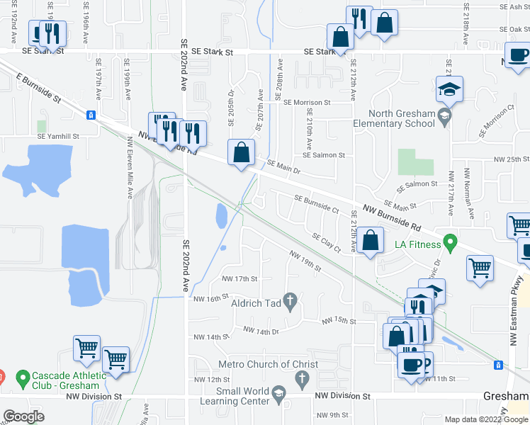 map of restaurants, bars, coffee shops, grocery stores, and more near 2033 Northwest Bella Vista Drive in Gresham