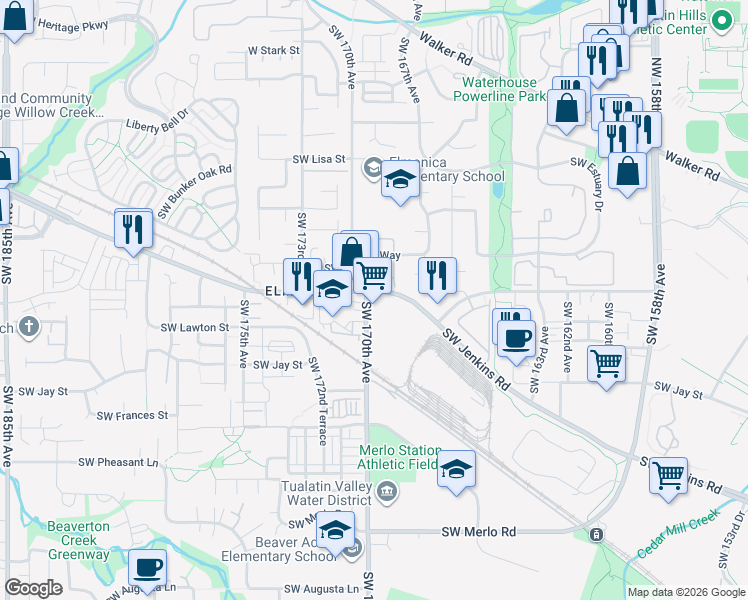 map of restaurants, bars, coffee shops, grocery stores, and more near 16971 Southwest Steele Way in Beaverton