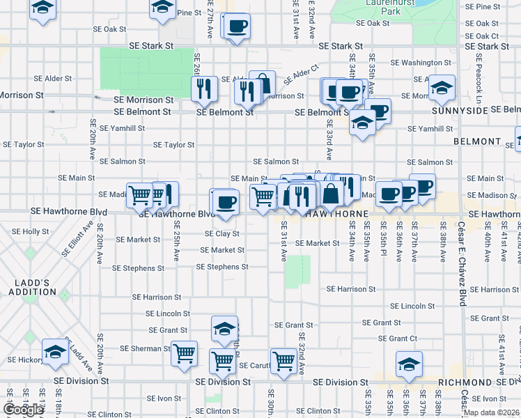 map of restaurants, bars, coffee shops, grocery stores, and more near 2937 Southeast Hawthorne Boulevard in Portland
