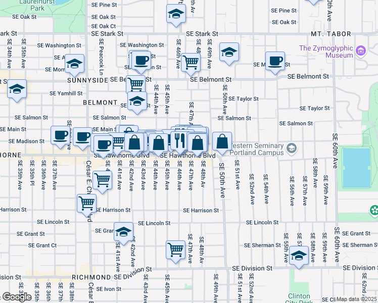 map of restaurants, bars, coffee shops, grocery stores, and more near 4635 Southeast Hawthorne Boulevard in Portland