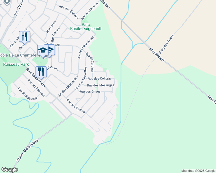 map of restaurants, bars, coffee shops, grocery stores, and more near 32 Rue des Mésanges in Saint-Basile-le-Grand