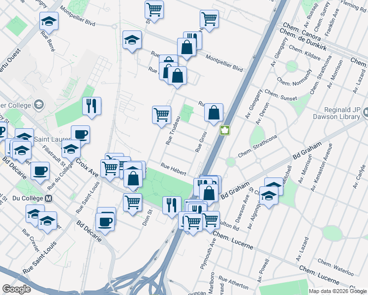 map of restaurants, bars, coffee shops, grocery stores, and more near Rue Lecavalier in Montréal