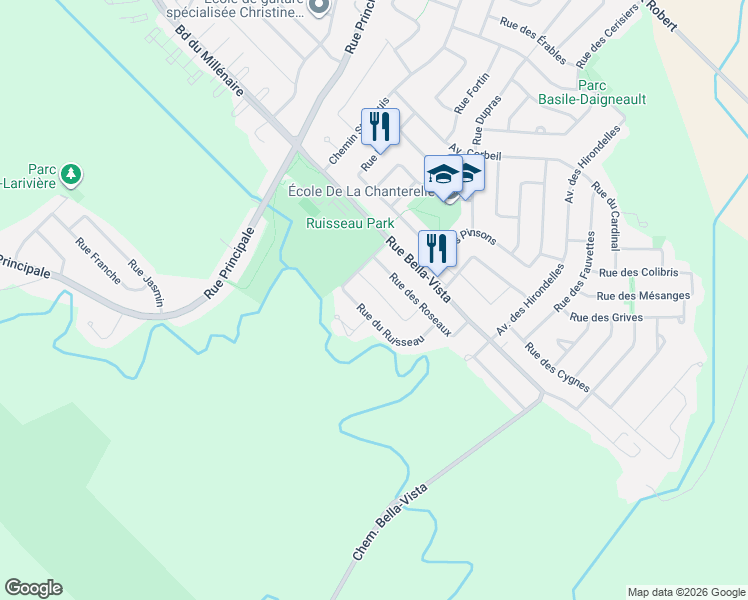 map of restaurants, bars, coffee shops, grocery stores, and more near 10 Rue de la Cascade in Saint-Basile-le-Grand