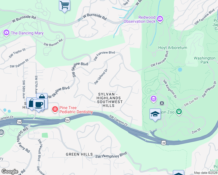 map of restaurants, bars, coffee shops, grocery stores, and more near 1411 Southwest Highland Road in Portland
