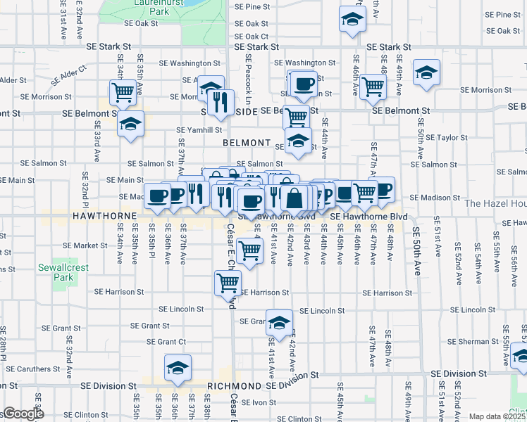 map of restaurants, bars, coffee shops, grocery stores, and more near 4047 Southeast Madison Street in Portland
