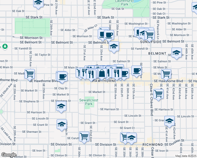 map of restaurants, bars, coffee shops, grocery stores, and more near 3275 Southeast Madison Street in Portland