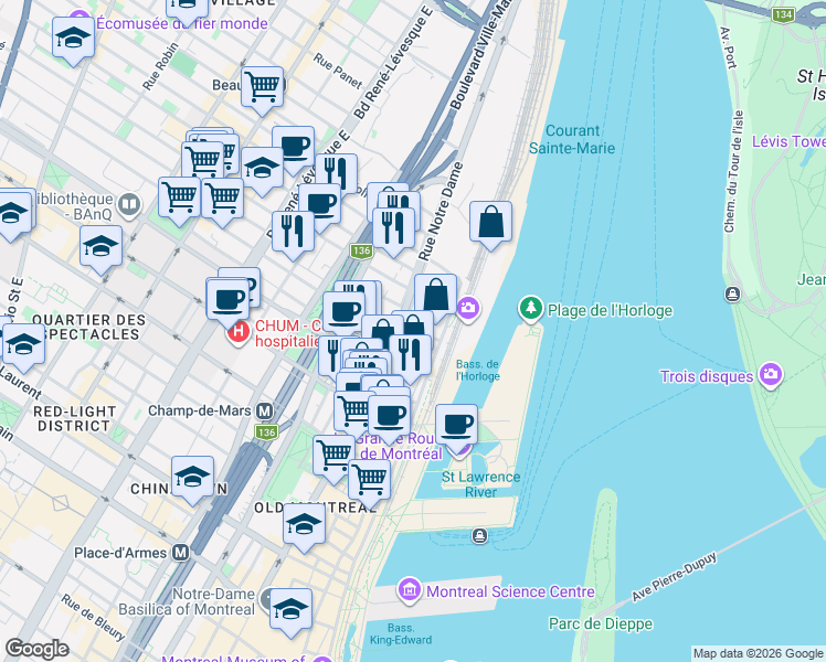 map of restaurants, bars, coffee shops, grocery stores, and more near 363 Rue Saint-Hubert in Montréal