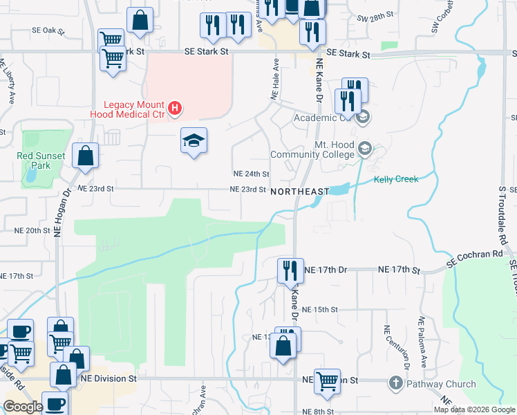 map of restaurants, bars, coffee shops, grocery stores, and more near 2950 Northeast 23rd Street in Gresham