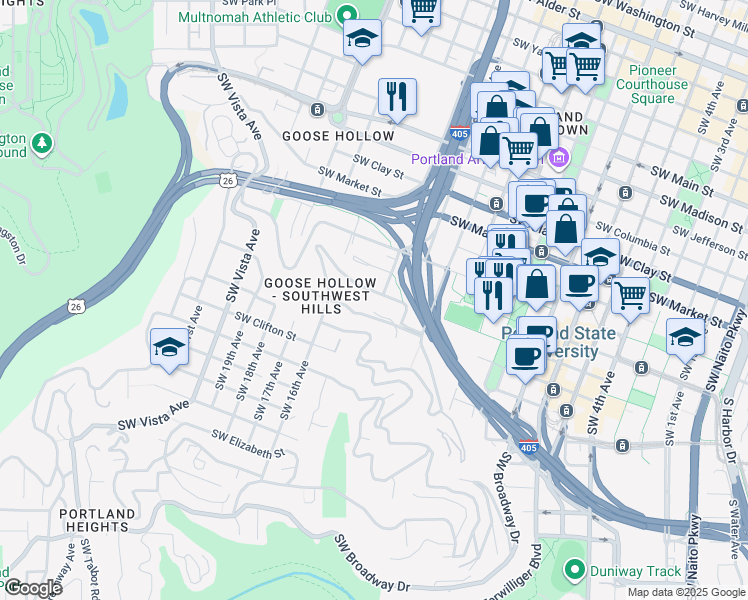 map of restaurants, bars, coffee shops, grocery stores, and more near 1410 Southwest Harrison Street in Portland