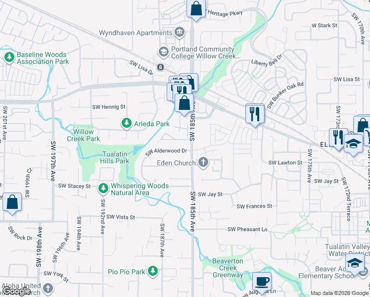 map of restaurants, bars, coffee shops, grocery stores, and more near 875 Southwest 185th Avenue in Beaverton