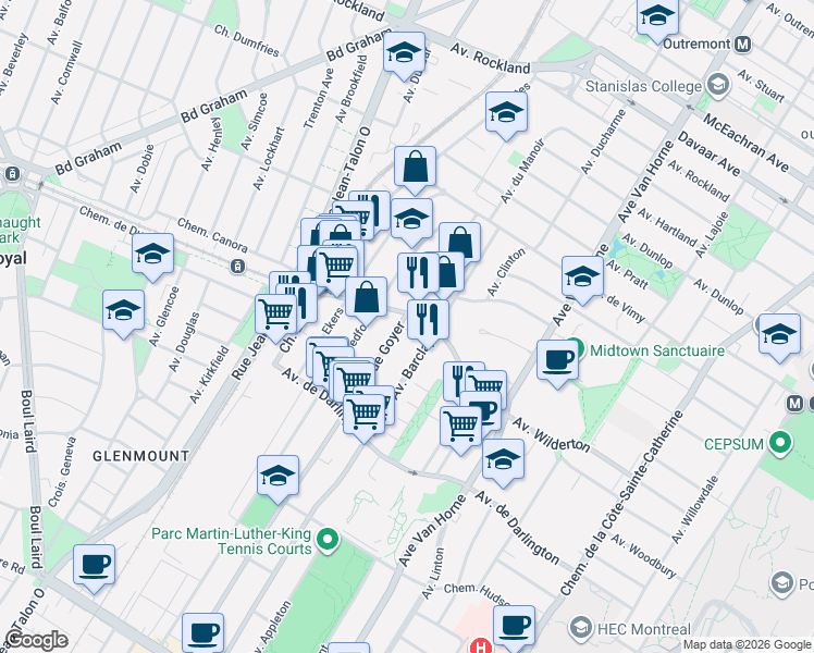 map of restaurants, bars, coffee shops, grocery stores, and more near 2642 Rue Goyer in Montréal