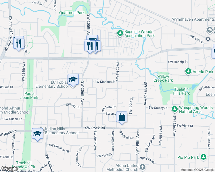map of restaurants, bars, coffee shops, grocery stores, and more near 20147 Southwest Monson Street in Beaverton