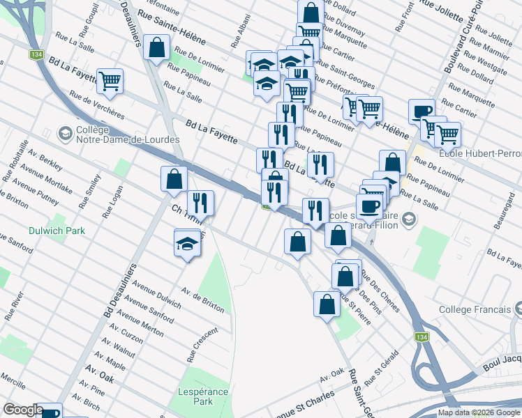 map of restaurants, bars, coffee shops, grocery stores, and more near 1515 Boulevard Taschereau in Longueuil