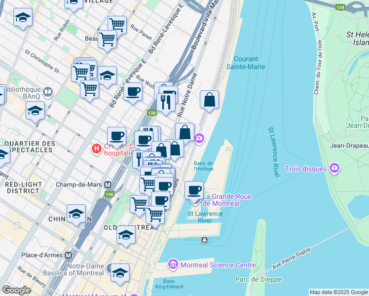 map of restaurants, bars, coffee shops, grocery stores, and more near 801 Rue de la Commune Est in Montréal
