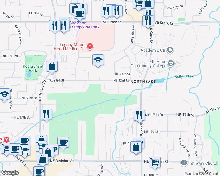 map of restaurants, bars, coffee shops, grocery stores, and more near 2770 Northeast 23rd Street in Gresham